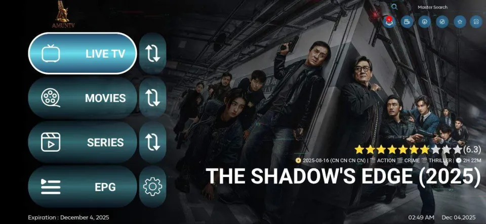 AmunTV Player home screen with Live TV, Movies, Series and EPG