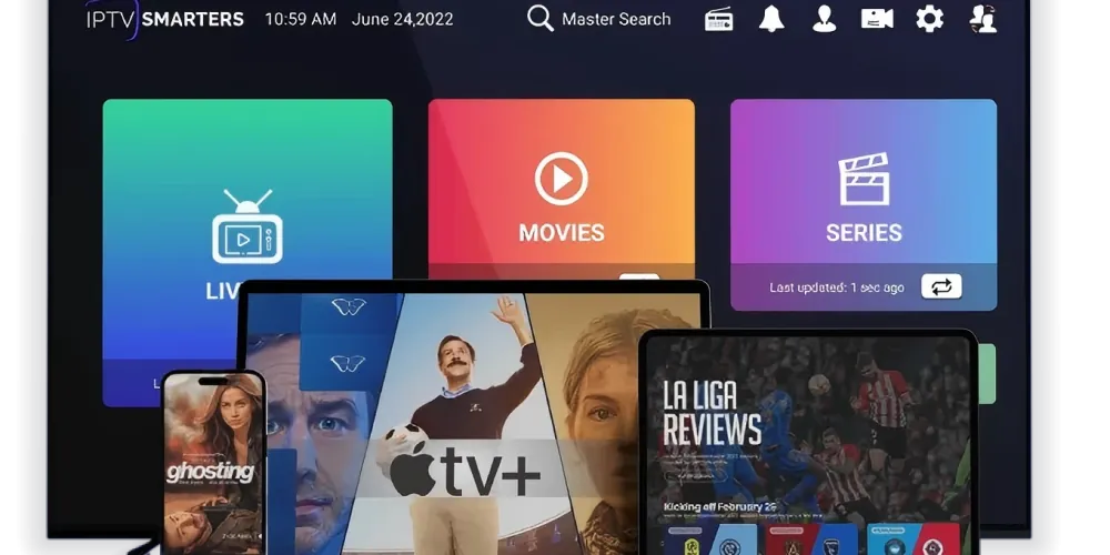 IPTV Smarters with live TV, movies and series on a TV, tablet and phone