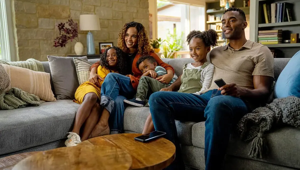 A family watching TV together on the couch
