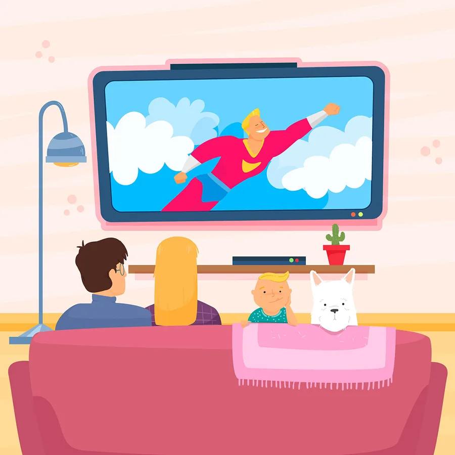 Family watching TV channels, movies and series